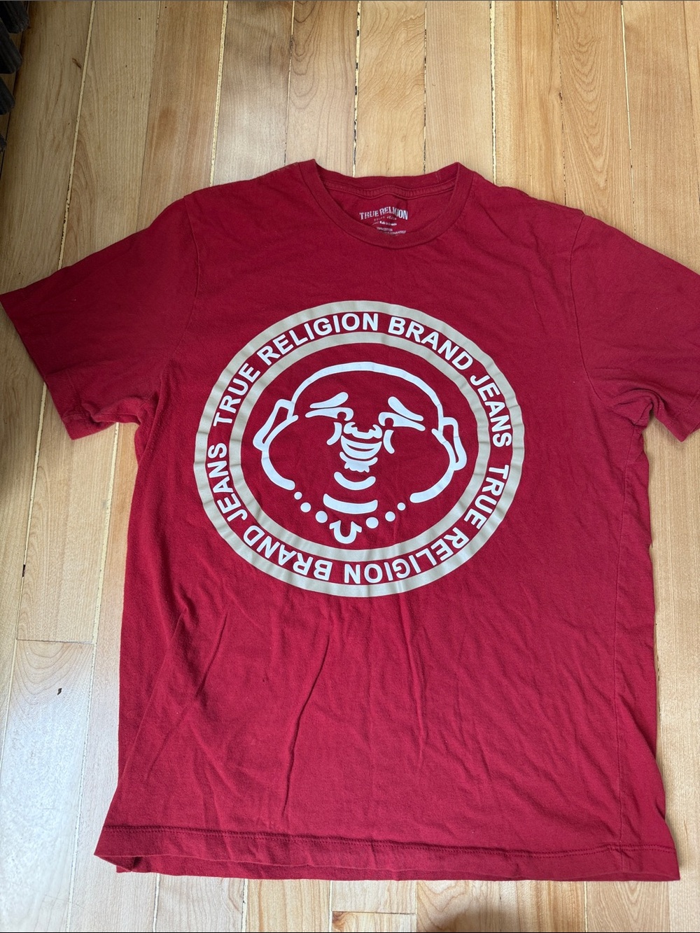True Religion Red Short-Sleeve Tee with White Logo Emblem